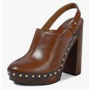 Brown Closed Toe Studded Clog Platform Slingback Buckle Strap Block Heels Pumps